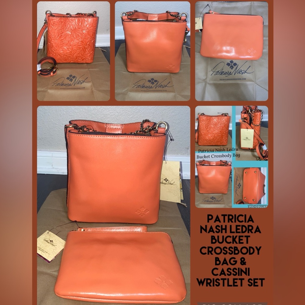 Patricia Nash Ledra Bucket Crossbody Bag & Cassini Wristlet Set in Apricot Color